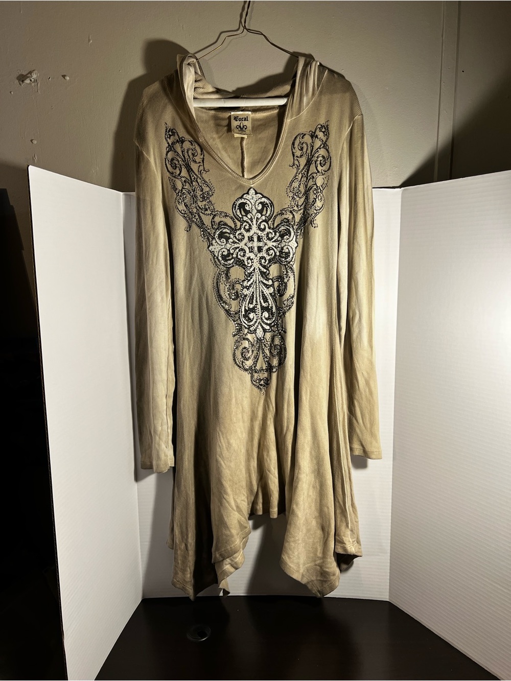 Vocal Y2K Rhinestone Cross Tunic Dress Hooded Thermal Waffle Knit XL RARE